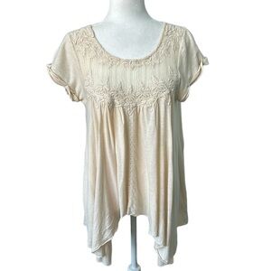 Free People Flowy Knit Boho Style Linen Blend Cream Top Oversized XS